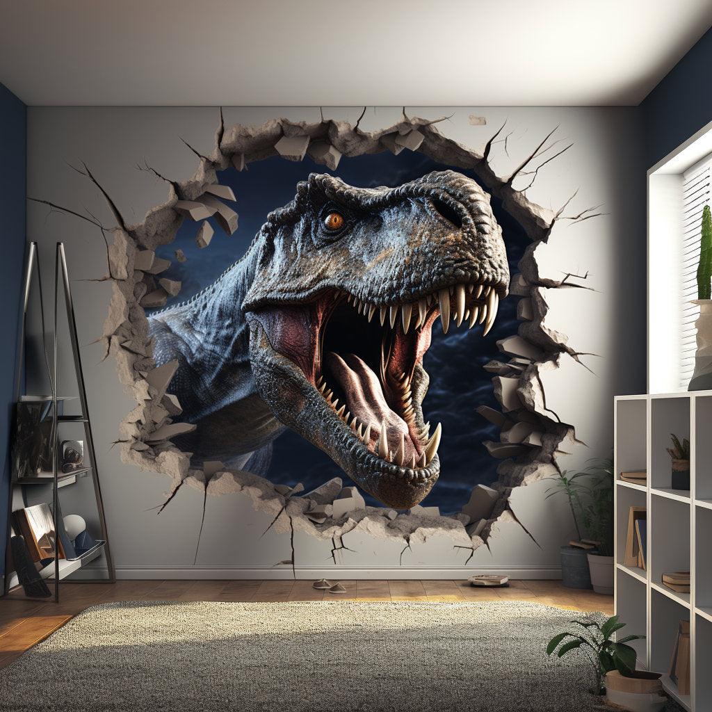 3D wall sticker of a roaring T-Rex emerging from a broken wall, creating a dynamic prehistoric room decor.