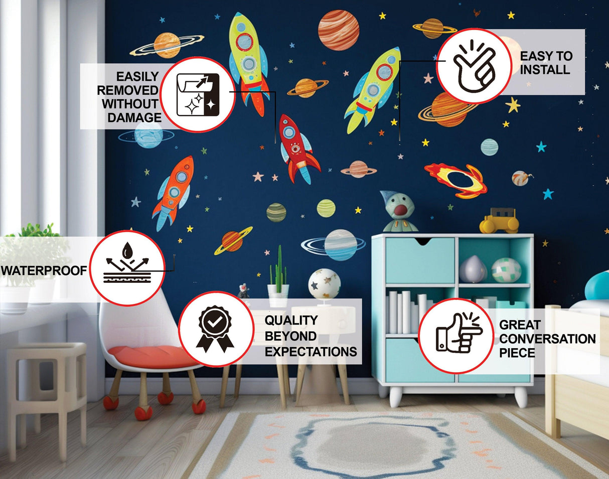 Colorful outer space wall decals featuring rockets, planets, and stars in a child's room, showcasing easy application and quality.