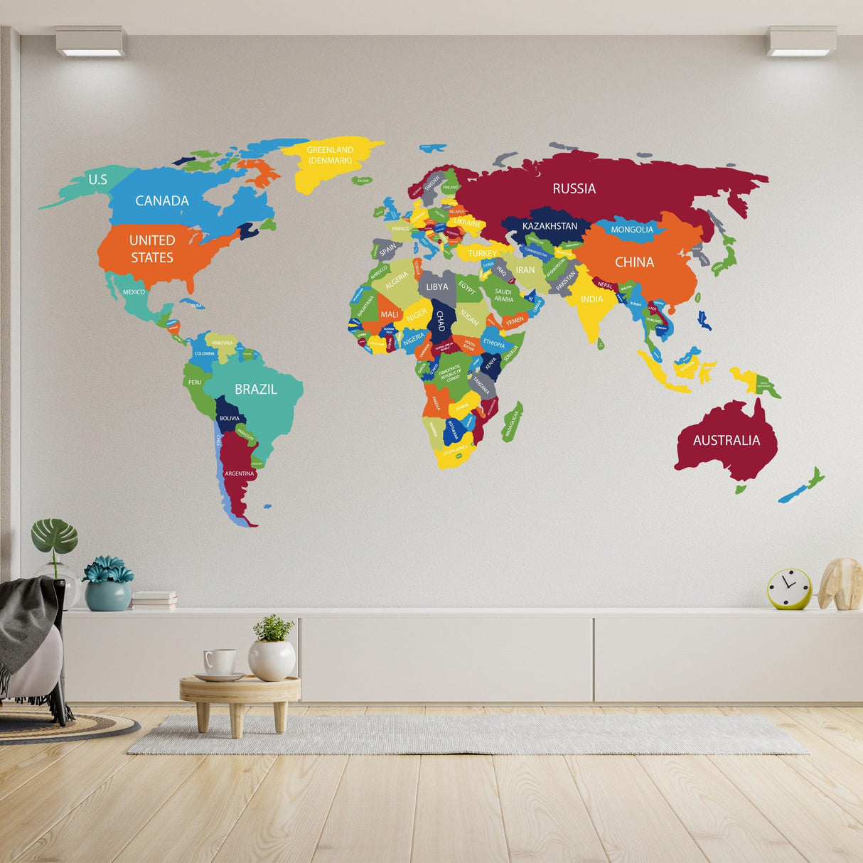 Colorful world map vinyl wall decal featuring country names for global travel inspiration.