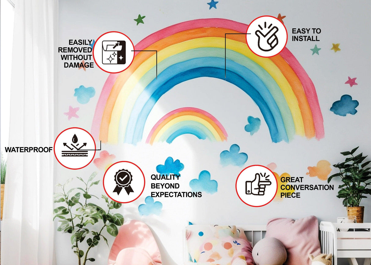 Boho rainbow wall decor stickers with clouds and stars, easy to install and removable without damage.