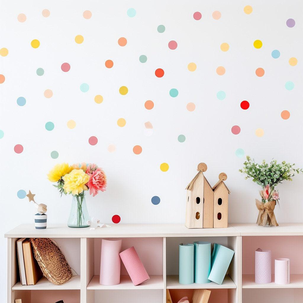 Colorful watercolor dot wall decals in a kids' playroom with pastel decor and vibrant flowers.