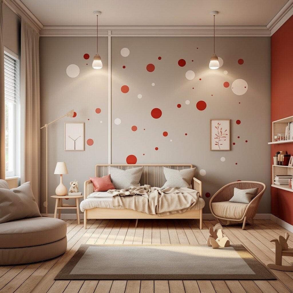 Cozy bedroom featuring white and red round dot stickers on the wall, enhancing the decor with playful polka dots.