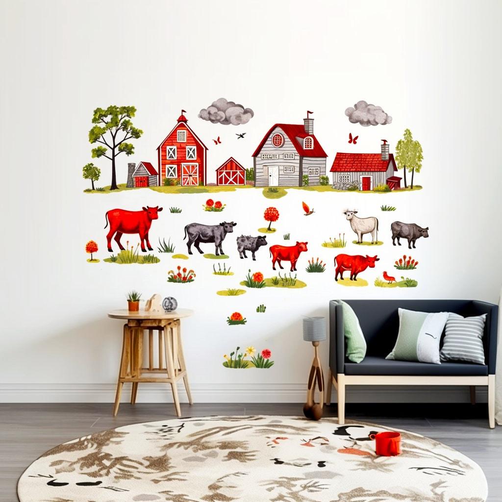 Farm theme wall stickers with watercolor animals, houses, and fences in a child's bedroom decor.