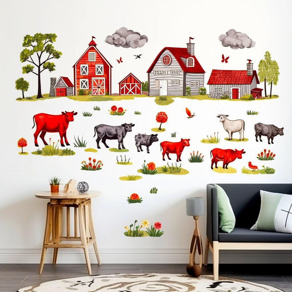 Colorful farm theme wall stickers featuring animals, barns, and trees for child's room decor.