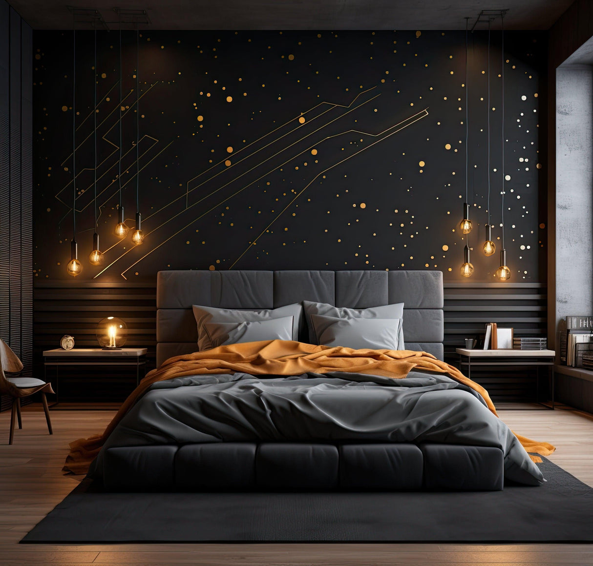 Sophisticated bedroom featuring gold geometric wall decals, black walls, and warm pendant lights, creating an elegant decor.