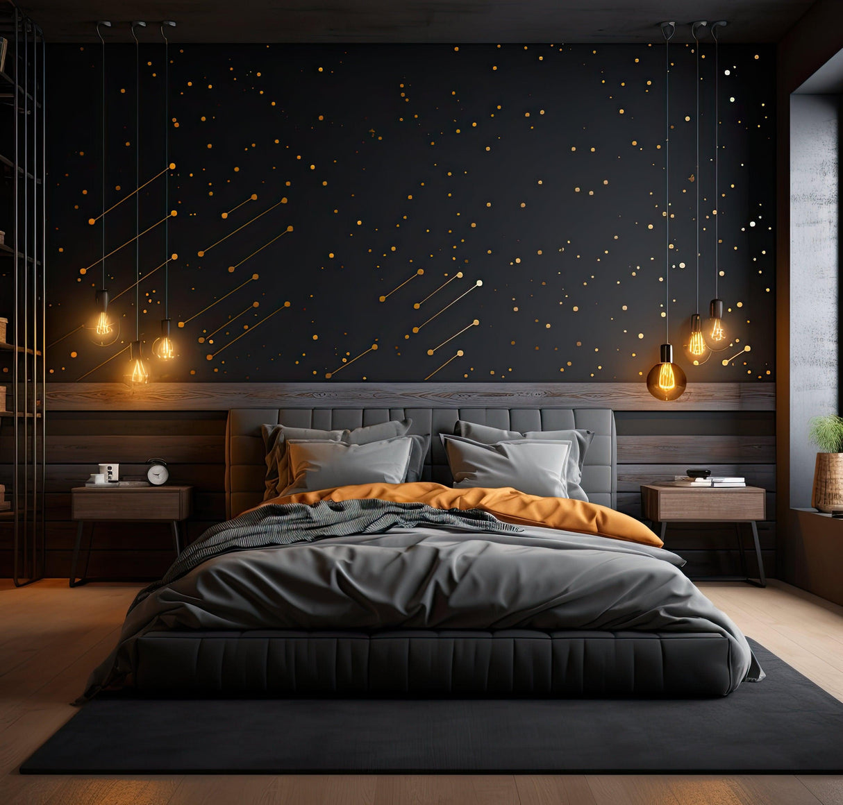 Sophisticated bedroom featuring gold geometric wall decals on a dark wall, elegant lighting, and stylish bedding.
