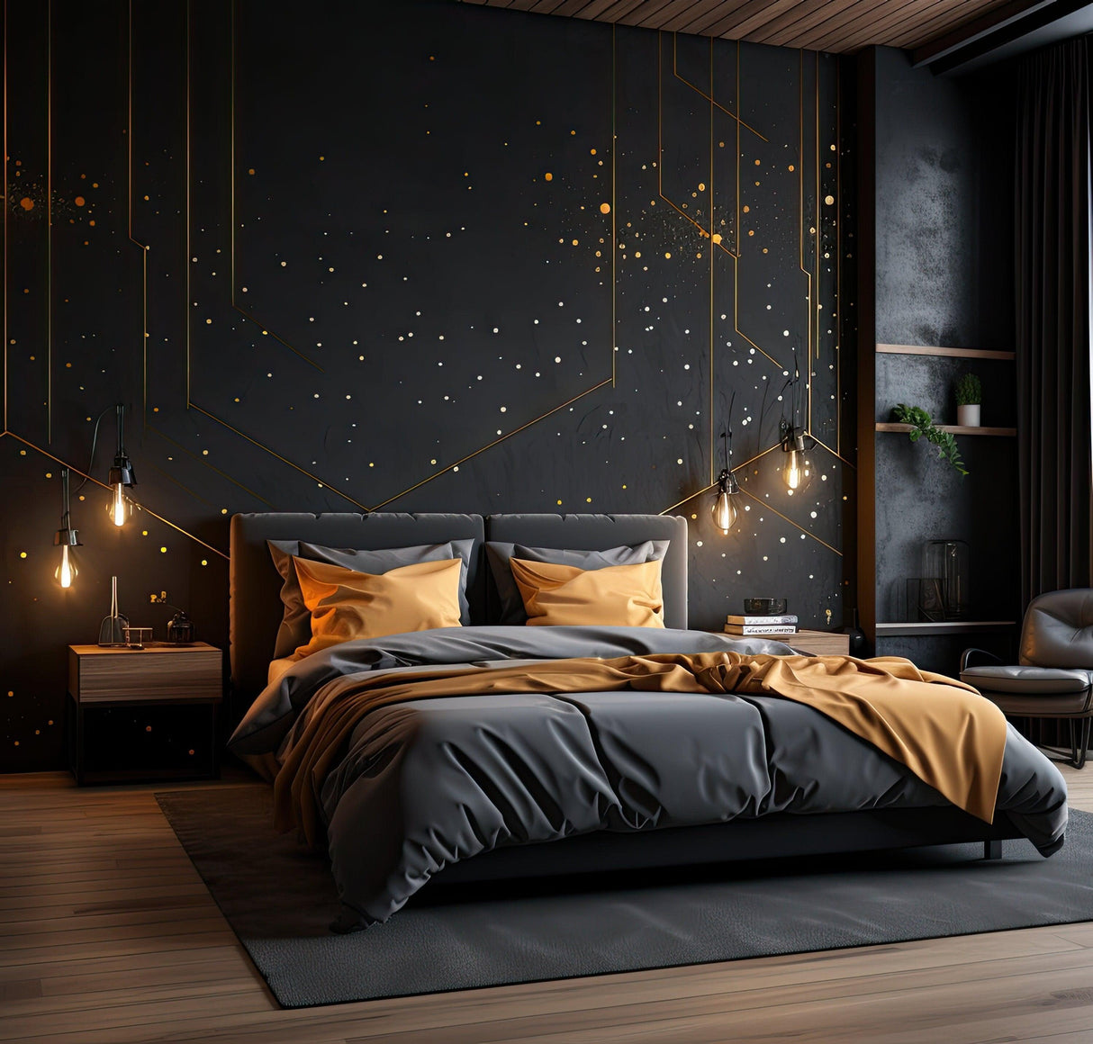 Sophisticated bedroom with gold geometric wall decals and elegant gray bedding for stylish decor.