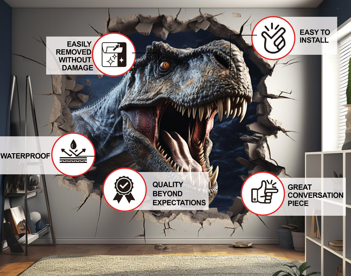 3D dinosaur wall sticker with broken illusion effect, easy installation, waterproof, and removable without damage.