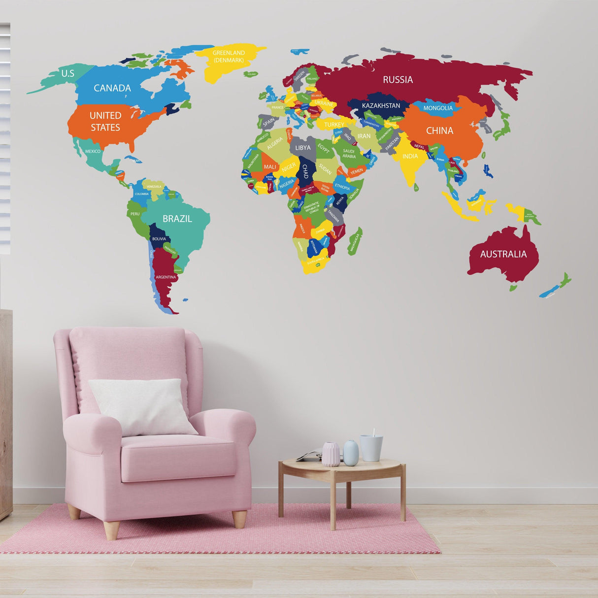 Large World Map Wall Decal featuring colorful country names, adding a vibrant touch to any travel-themed room.