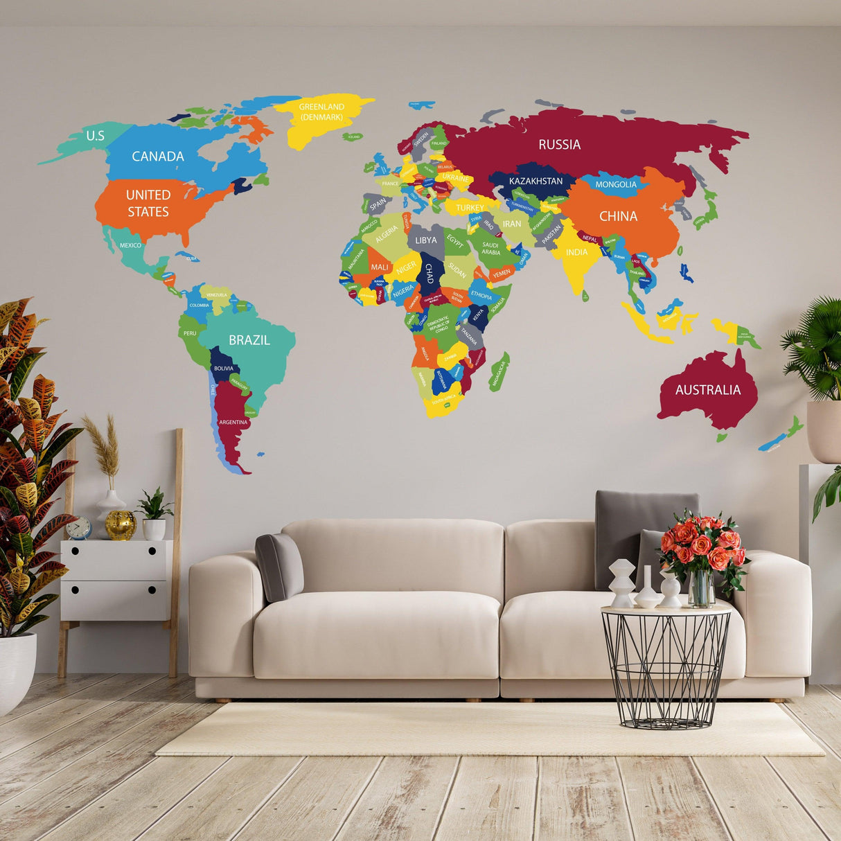 Large world map wall decal with country names, colorful design, perfect for home decor and travel enthusiasts.