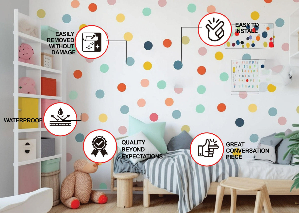 Colorful kids playroom with round dot decals on the wall, highlighting durability, easy install, and quality.