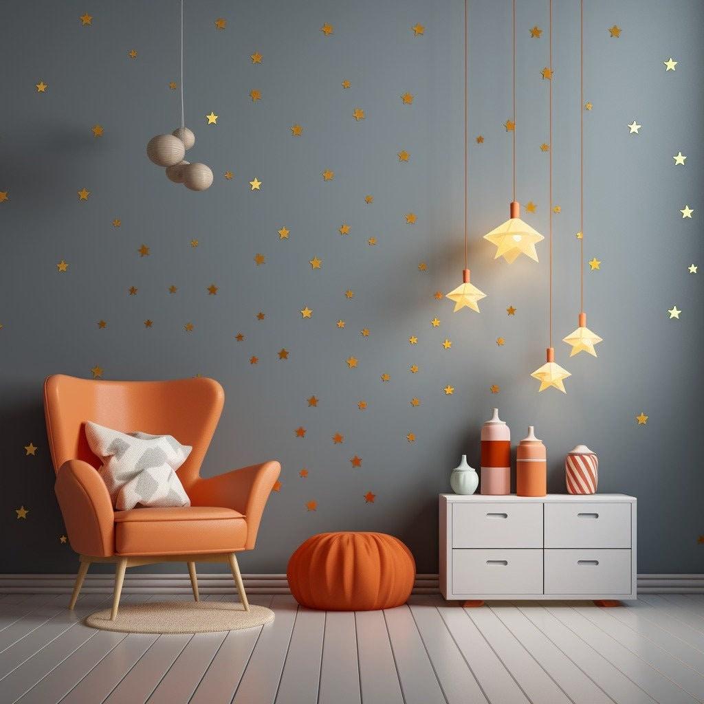 Cozy living room with orange furniture, gold star wall stickers, and stylish decor accents.