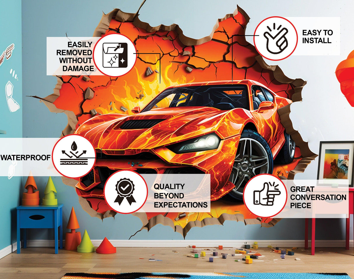 3D Fire Car Wall Sticker bursting through a wall, showcasing vibrant colors and ease of installation for kids' rooms.