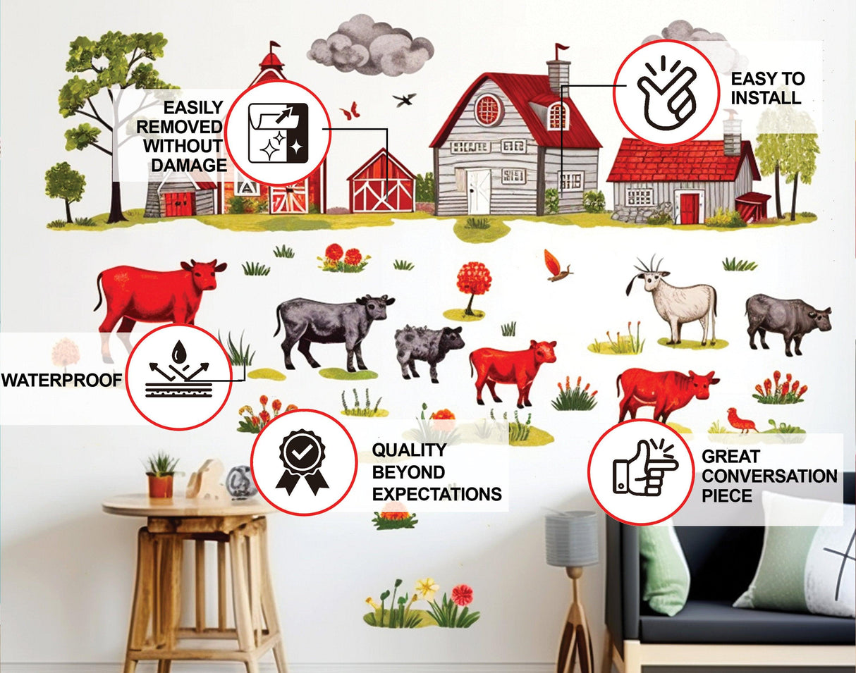 Farm theme wall stickers with watercolor animals, houses, and fences, perfect for kids' rooms or playrooms.