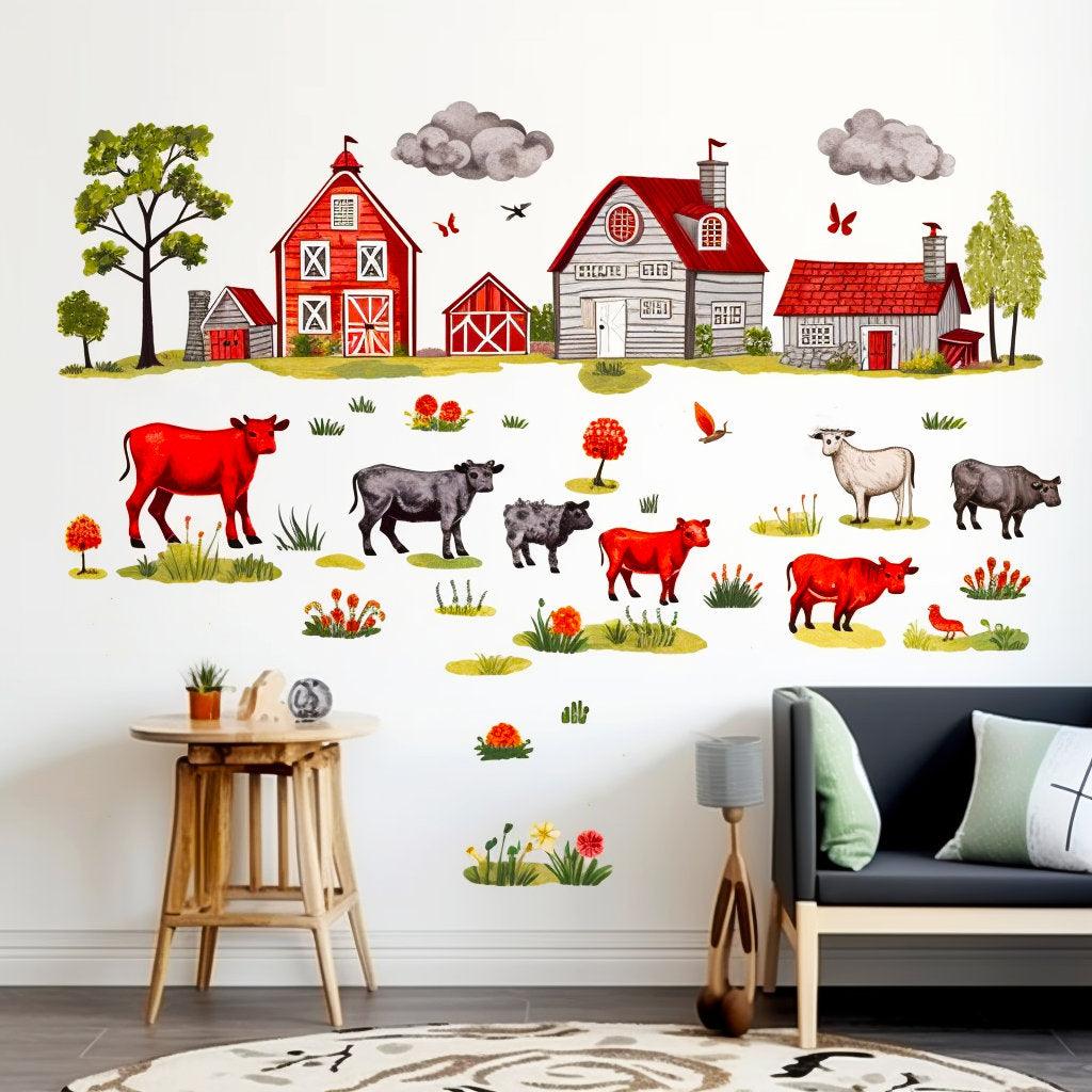 Farm theme wall stickers featuring watercolor cows, barns, and gardens in a child's room decor.