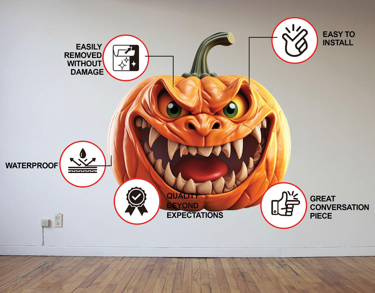 3D Halloween wall decal with evil pumpkin design featuring installation benefits and waterproof quality.