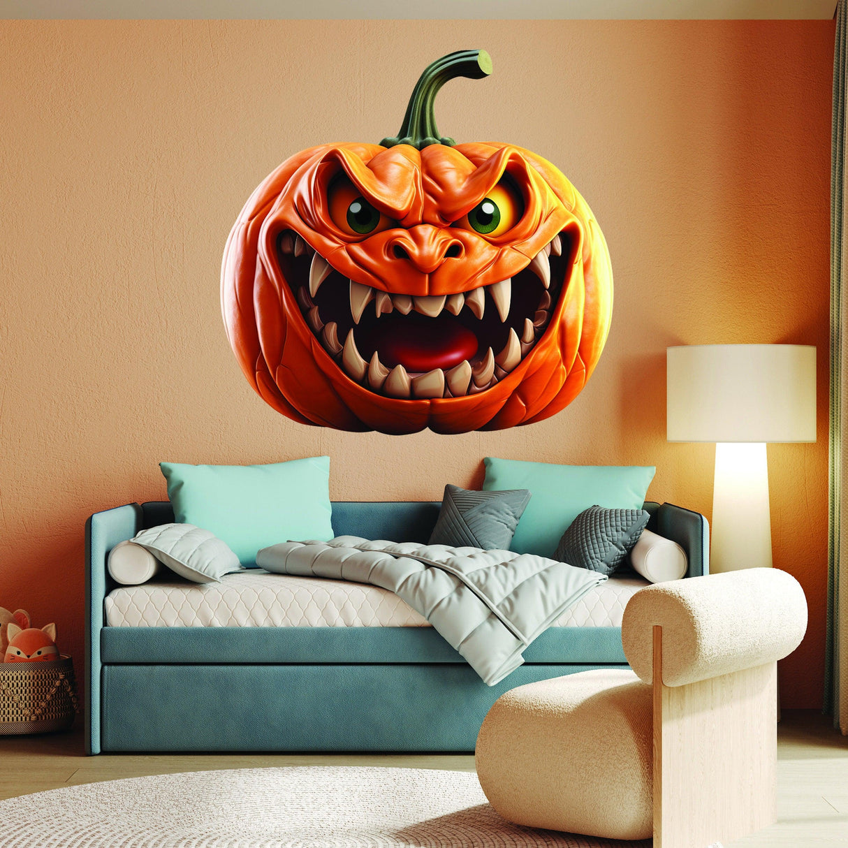 3D Evil Laughing Pumpkin wall decal in a cozy living room, adding a spooky touch for Halloween decorations.