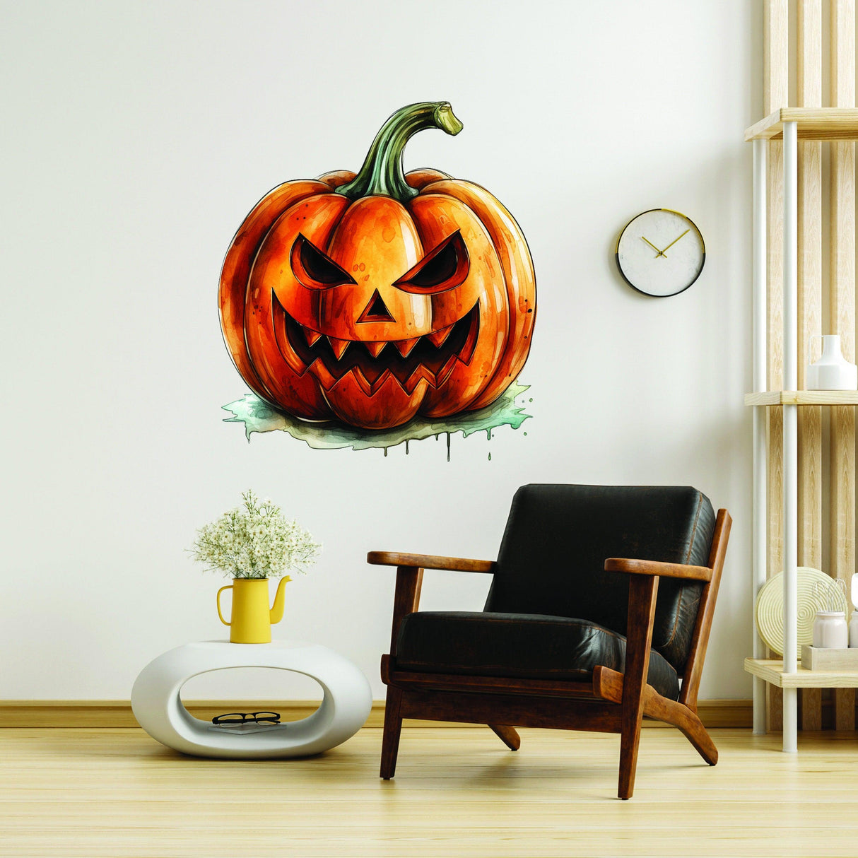 Scary laughing pumpkin decal on wall, perfect Halloween decoration for spooky celebrations.