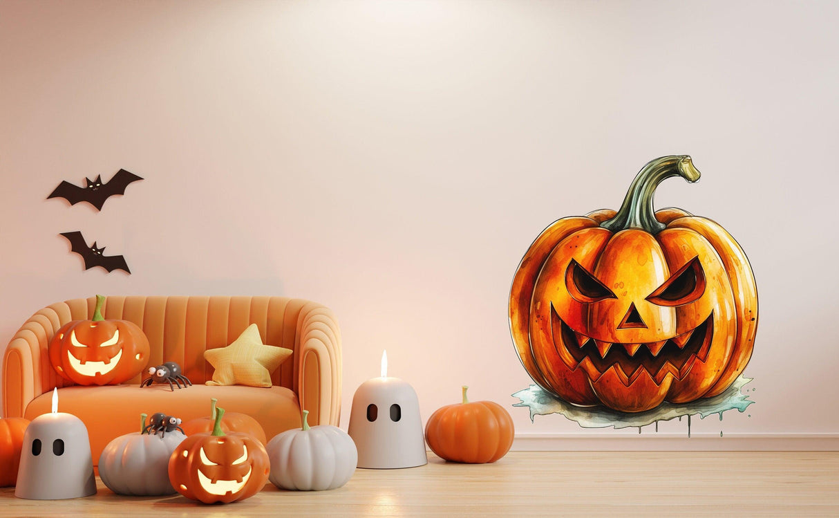 Scary laughing pumpkin wall decal in a stylish Halloween-themed living room with decorations.