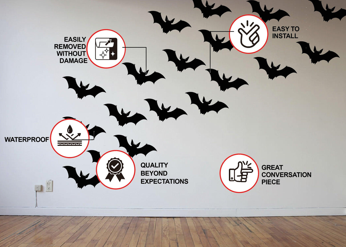 25 Halloween bats window decals displayed on a wall with features like waterproof, easy to install, and removable.