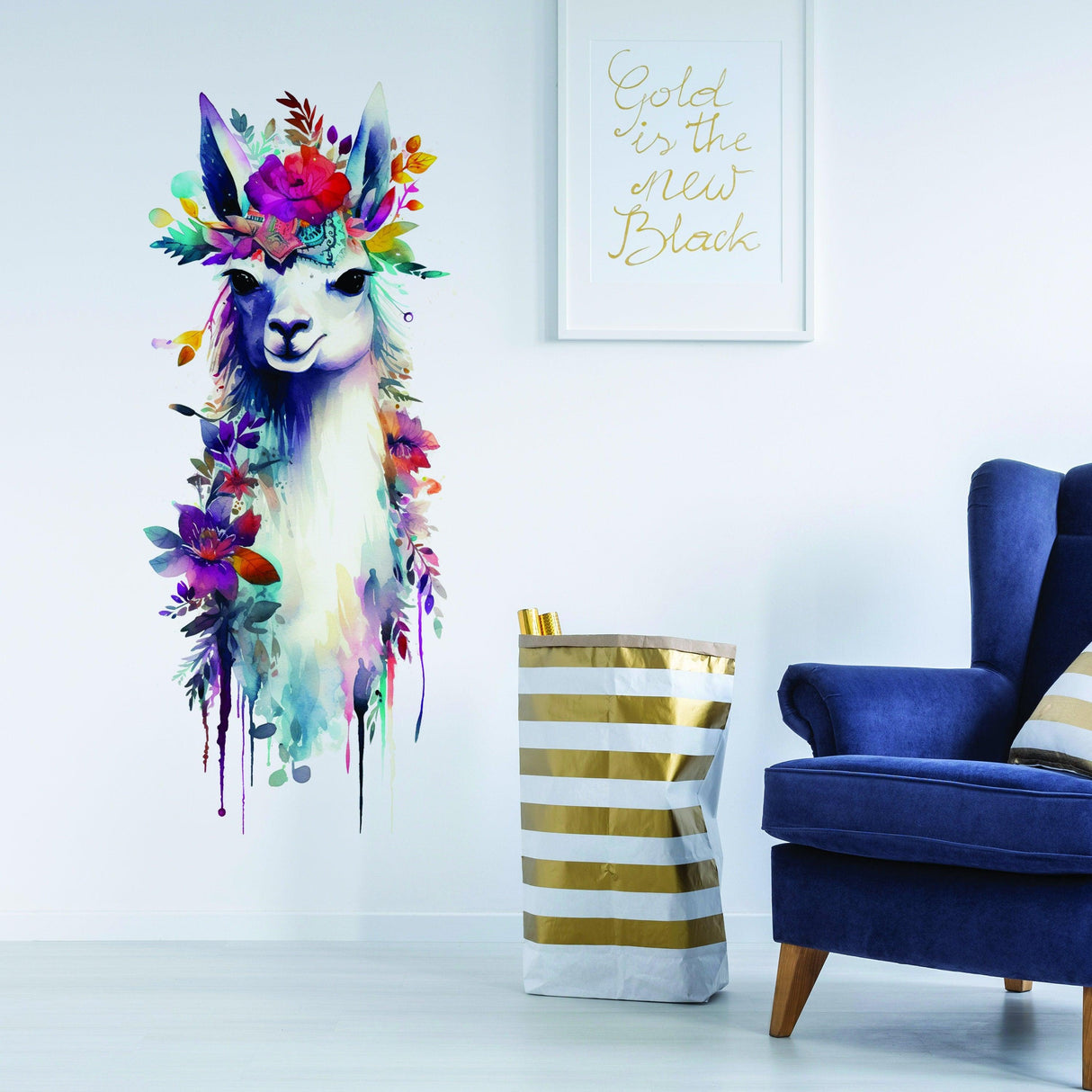 Watercolor llama wall decal with floral crown, adding charm and elegance to modern home decor.