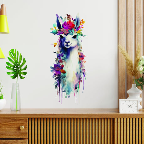 Watercolor alpaca wall decal with floral crown, adding charm and elegance to any room decor.