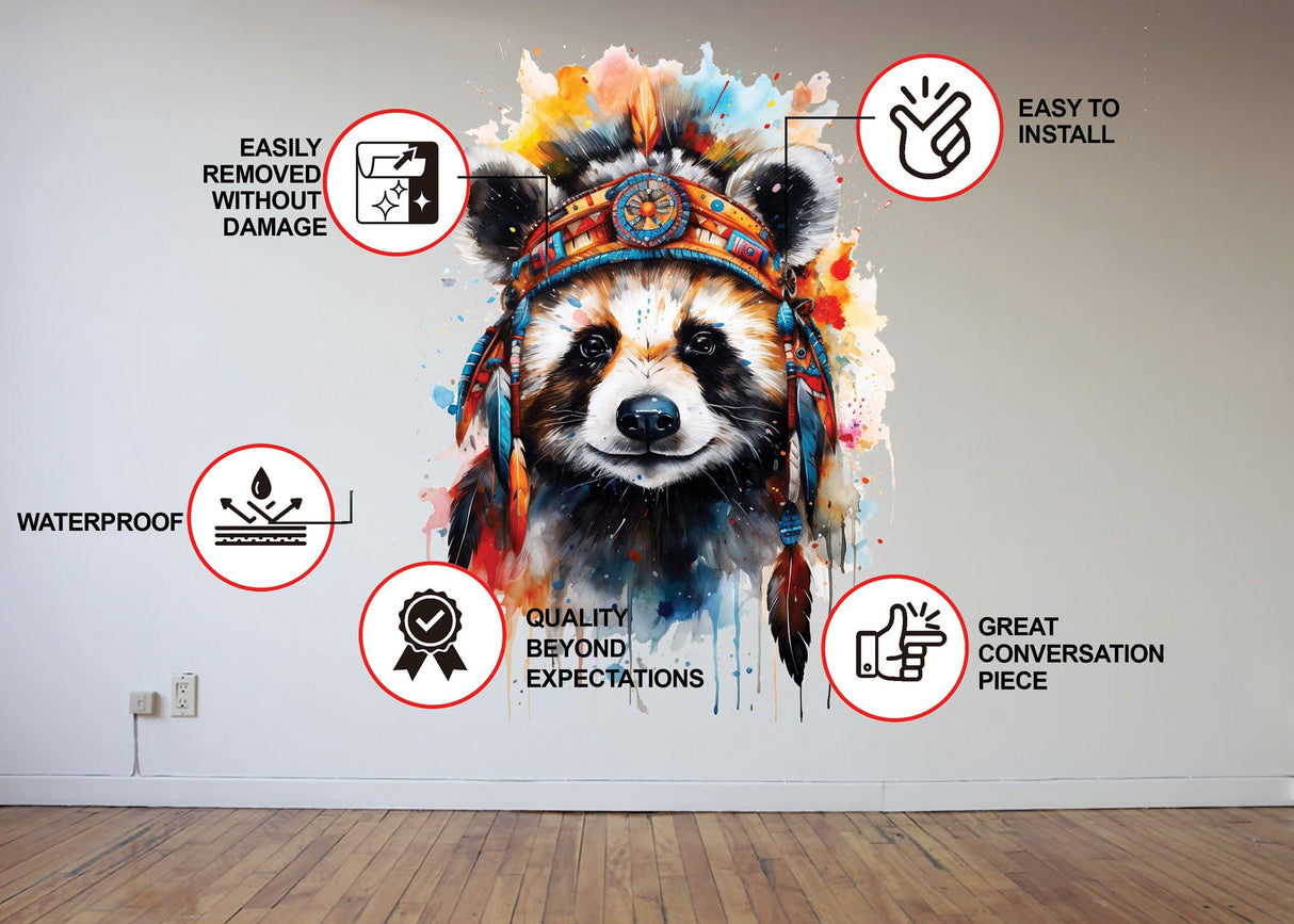 Colorful panda wall decal showcasing features like easy install, waterproof, and removable without damage.