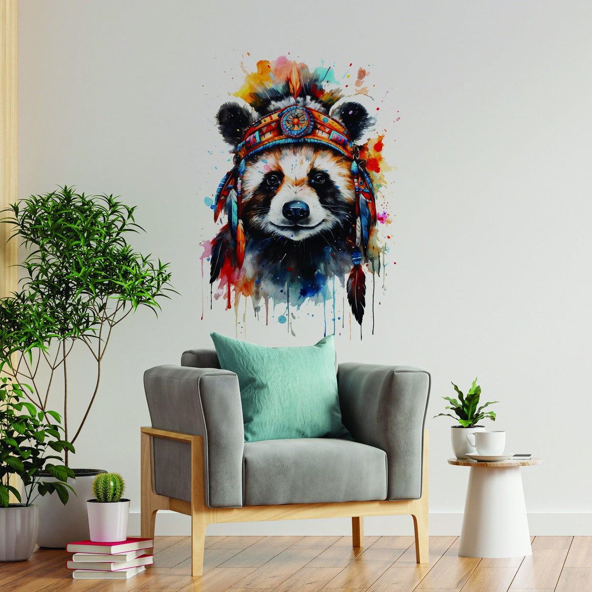 Colorful raccoon wall art with a headdress above a modern gray chair in a bright room.