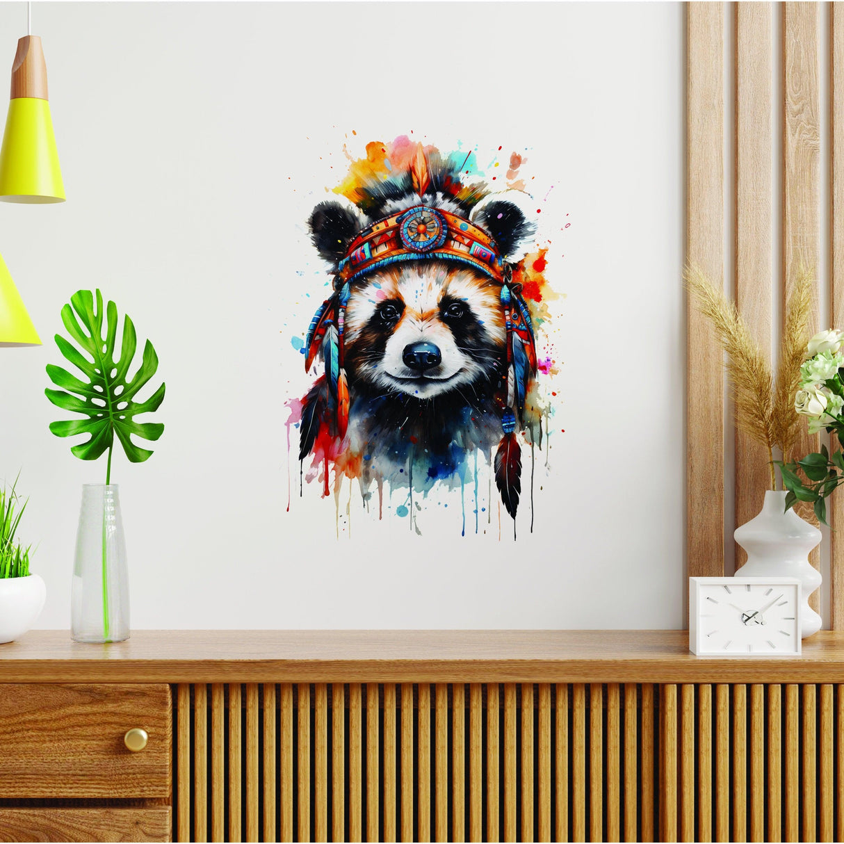 Colorful watercolor raccoon wall art with headdress, adding whimsy to any room decor.