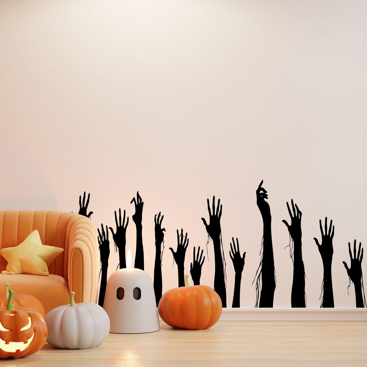 Zombie hands wall decals with pumpkins and a ghost decoration for Halloween decor.
