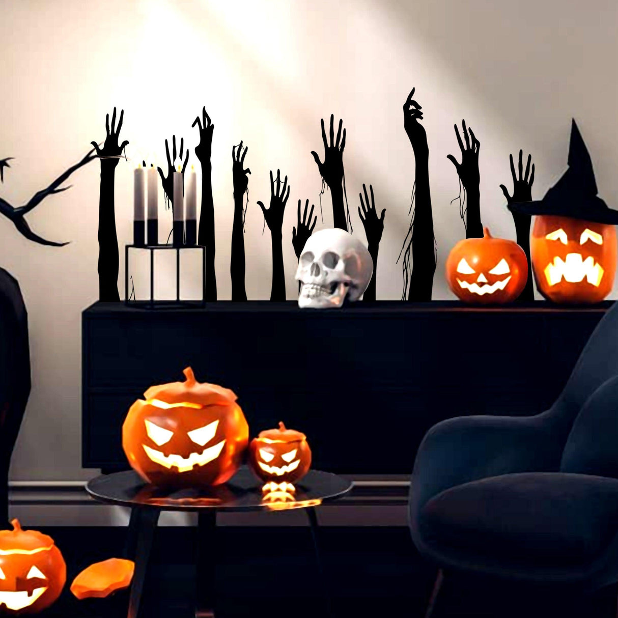 Eerie Halloween decor featuring Zombie Hands window decals, pumpkins, and a skull on a stylish table.