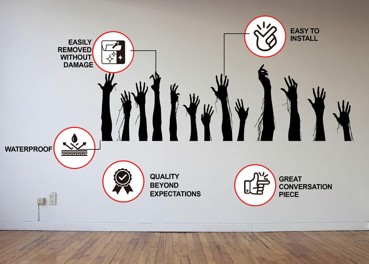 Illustration of zombie hand wall decals with features like waterproof and easy to install for Halloween decor.