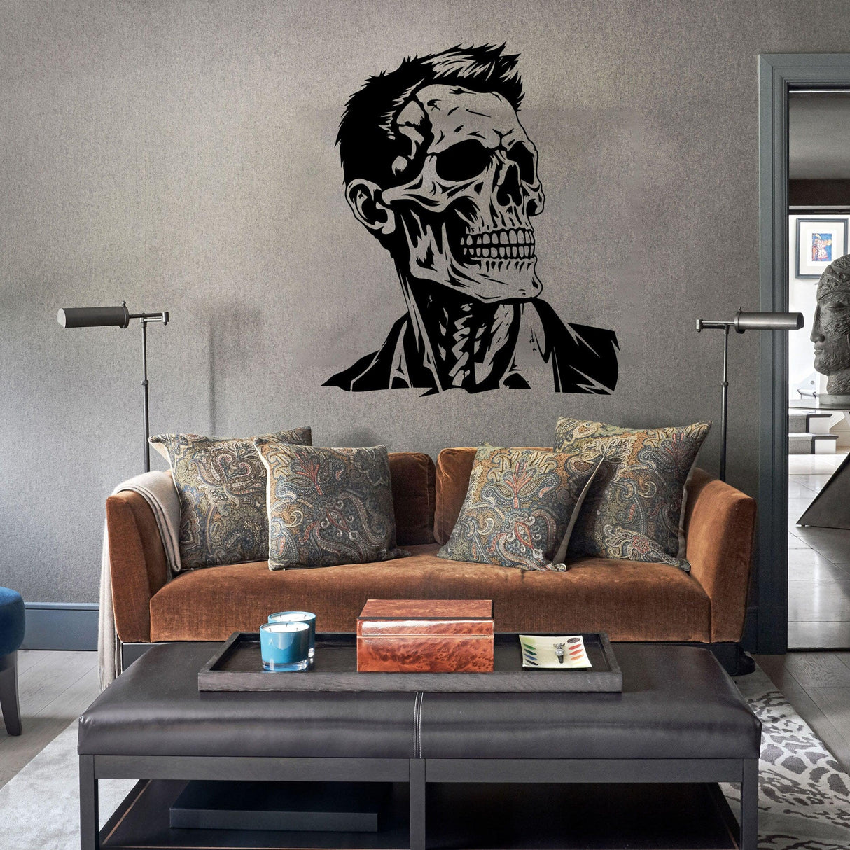 Halloween Skeleton Face Vinyl Decal of a businessman skull with hair in stylish living room decor.