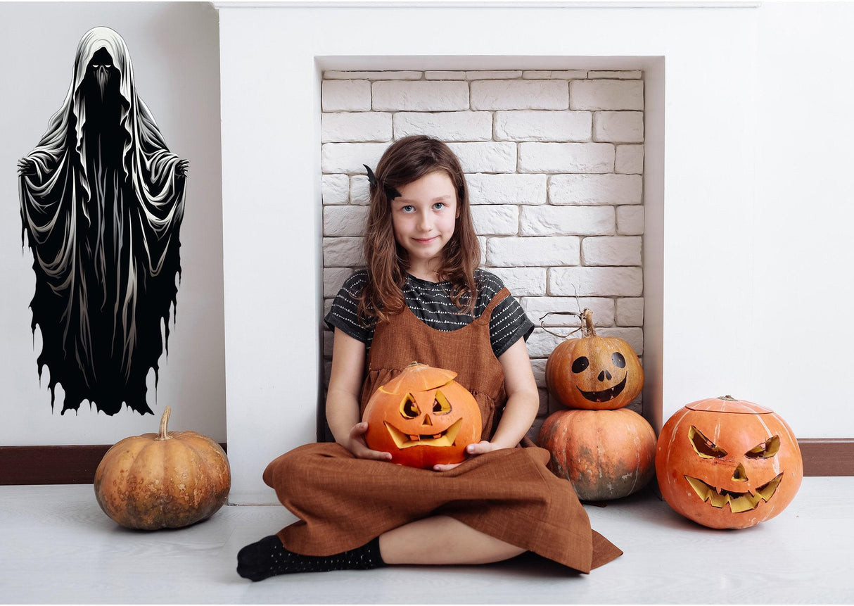 Halloween-themed wall art decal next to a girl holding a carved pumpkin amid spooky decorations.