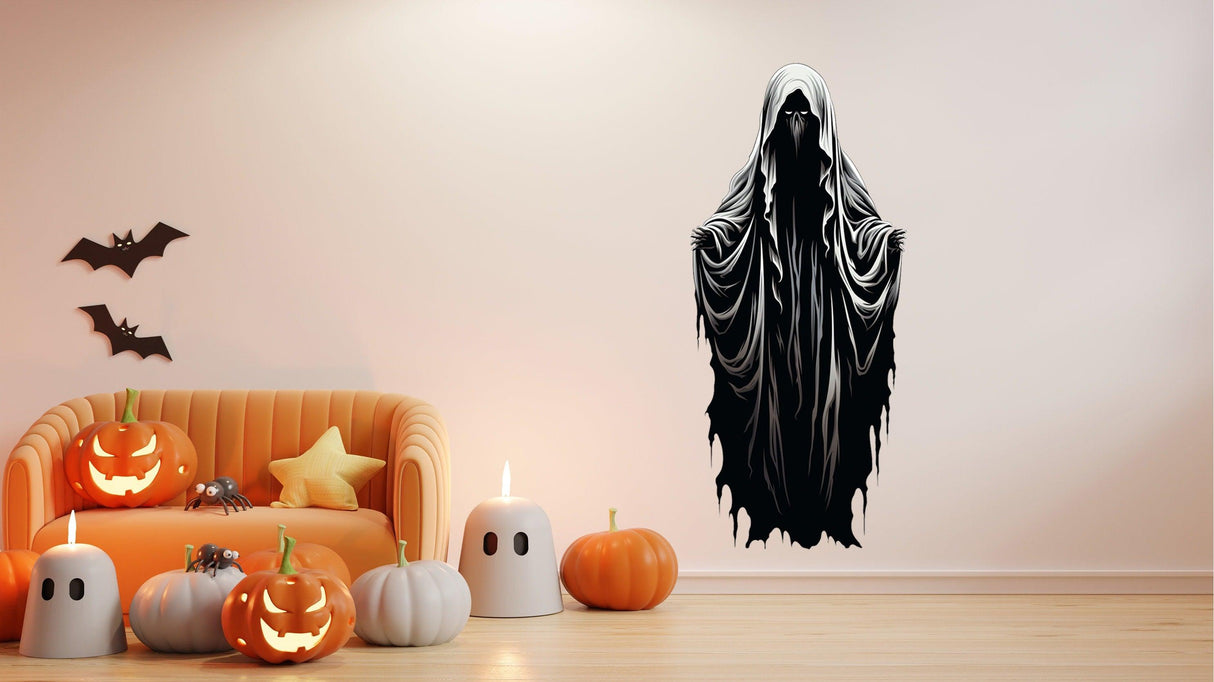 Halloween Haunting Ghoul wall art decal on a bright wall, featuring a shadowy human monster in a spooky room decor.