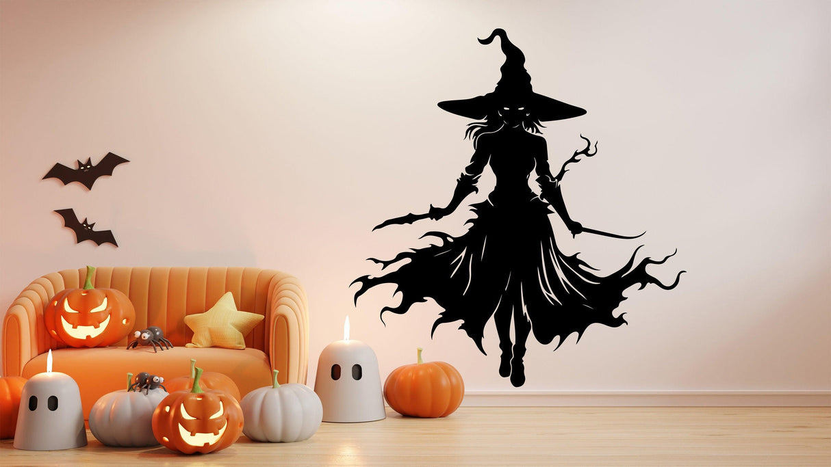 Knife-Wielding Warrior Witch Decal on a wall, surrounded by Halloween decor including pumpkins and bats.