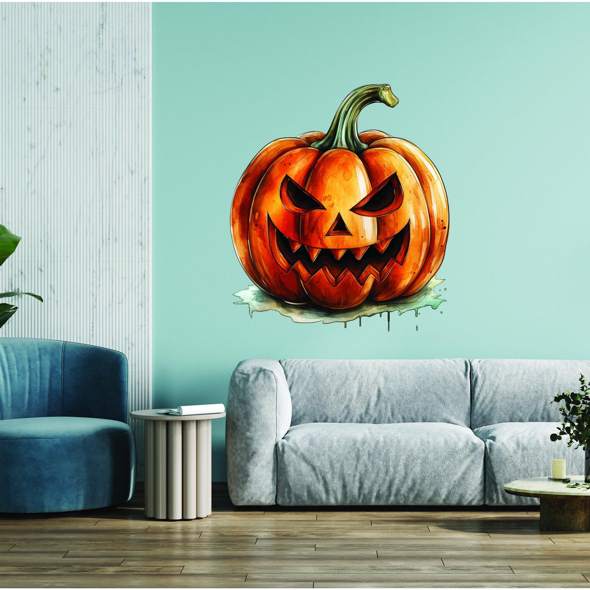 Laughing pumpkin wall decal with evil face on teal wall, perfect for Halloween decor and spooky celebrations.