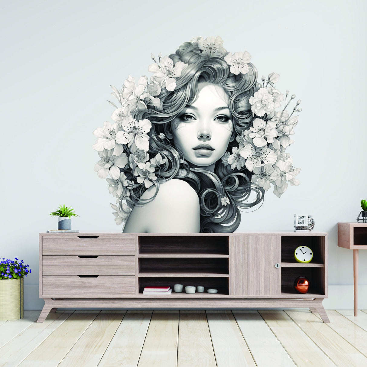 Elegant woman silhouette with floral design on wall, adding modern aesthetics to interior decor.