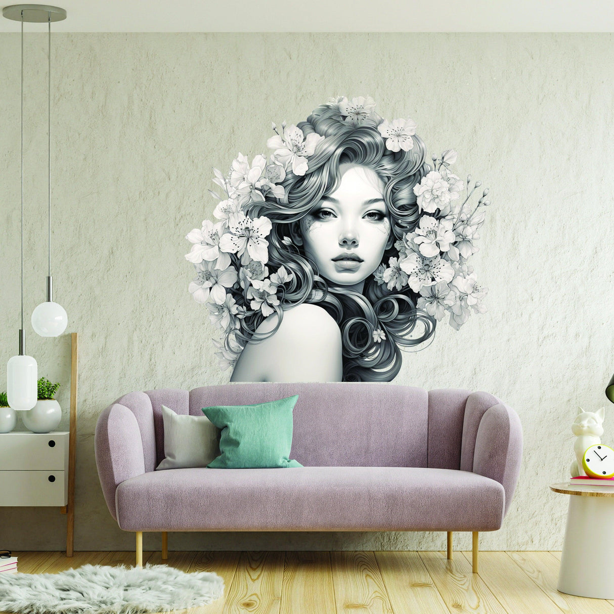 Elegant woman wall art decal with floral designs, enhancing modern interior decor.