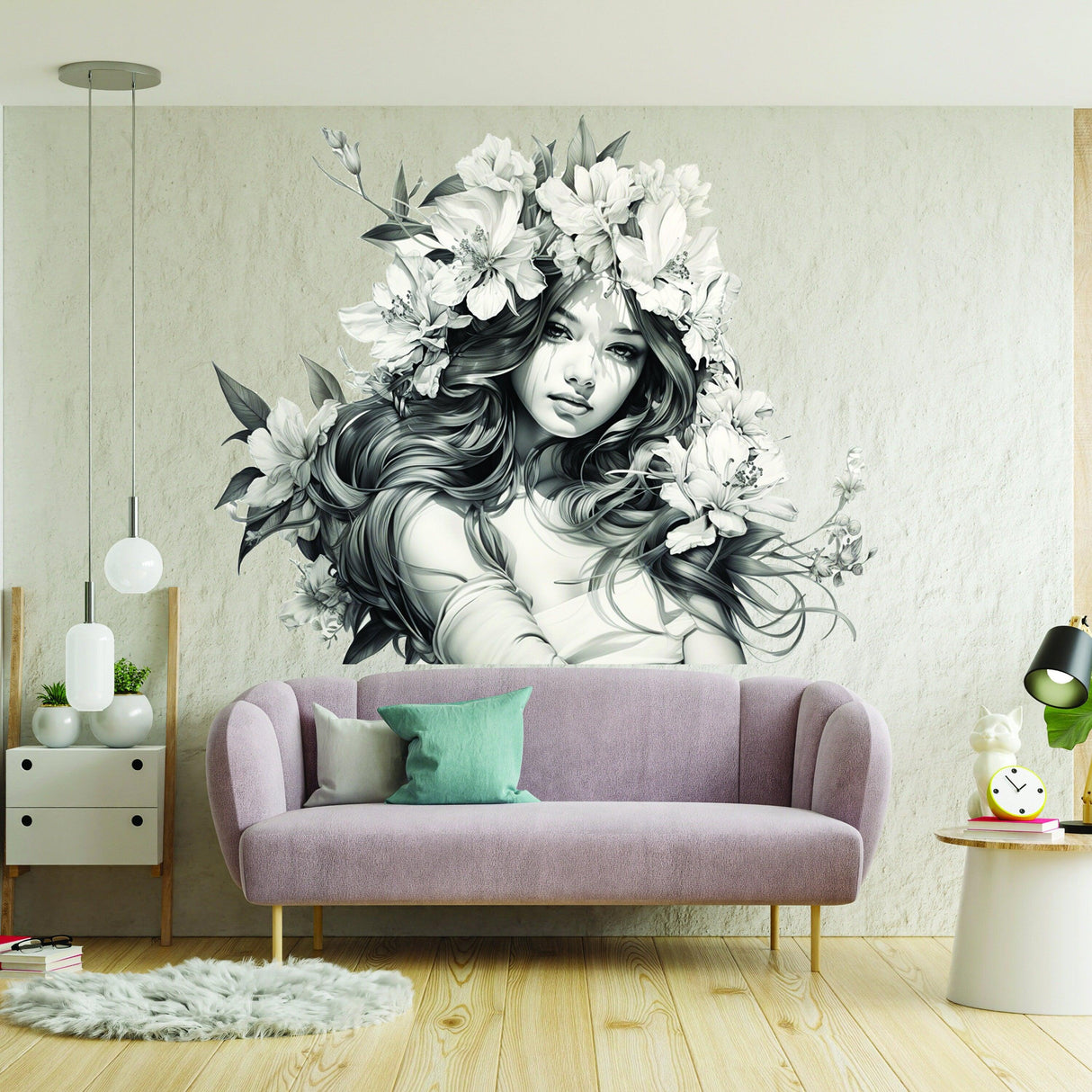 Elegant wall decal of a woman with floral hair enhancing modern interior decor.