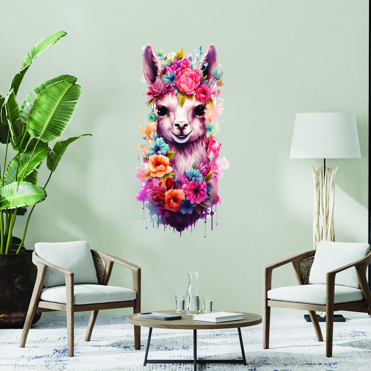 Colorful Cute Baby Lama wall decal with flowers, perfect nursery decor for kids' rooms.