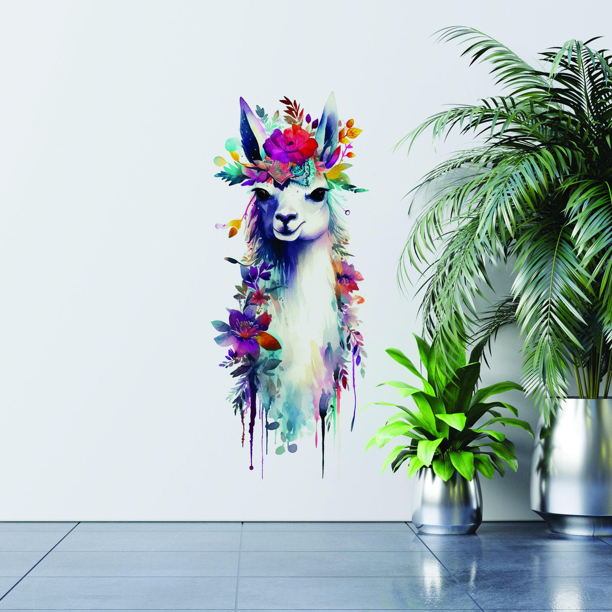 Artistic watercolor llama wall decal with floral crown, perfect for home decor.