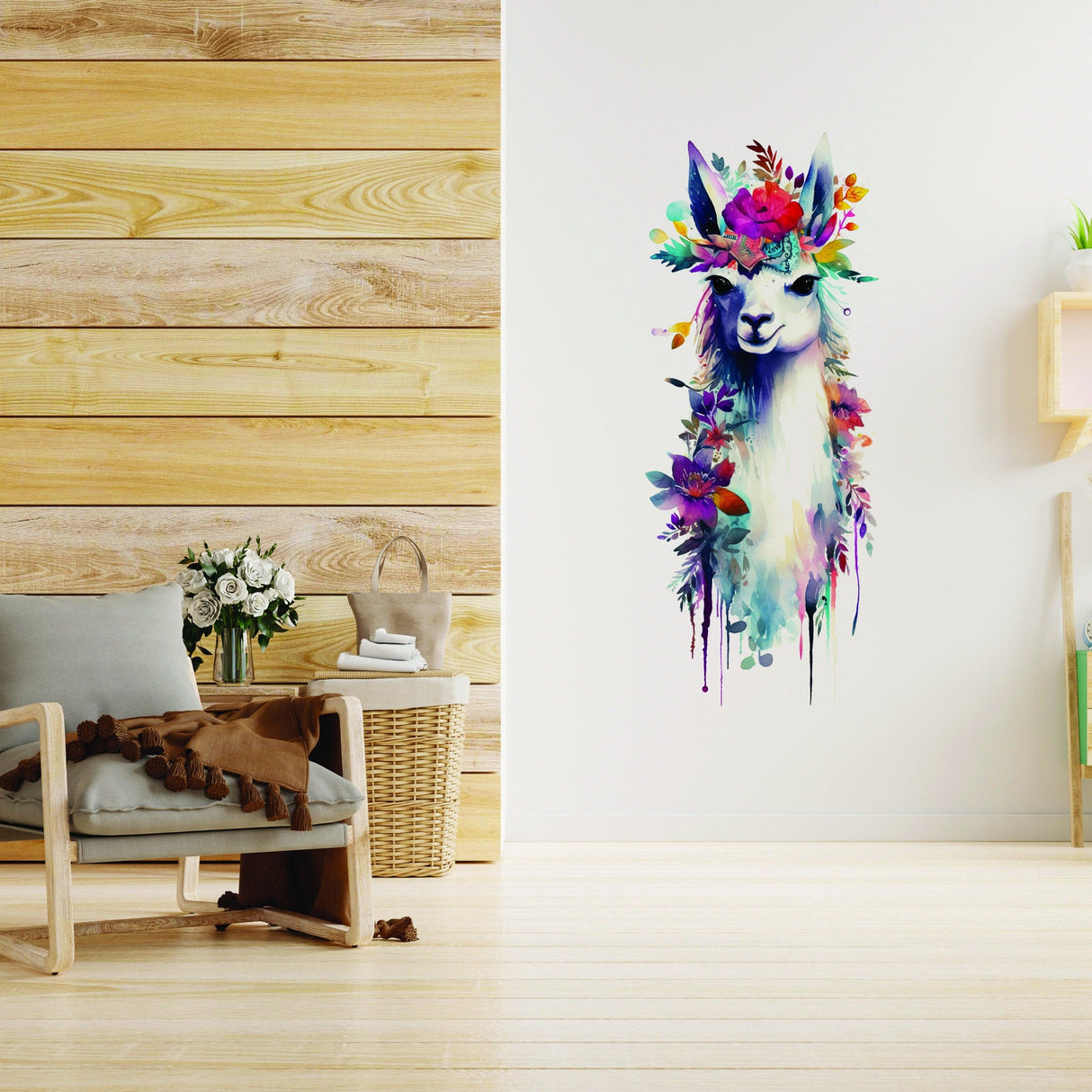 Watercolor llama wall decal with vibrant floral crown decorates a stylish room with wood accents.