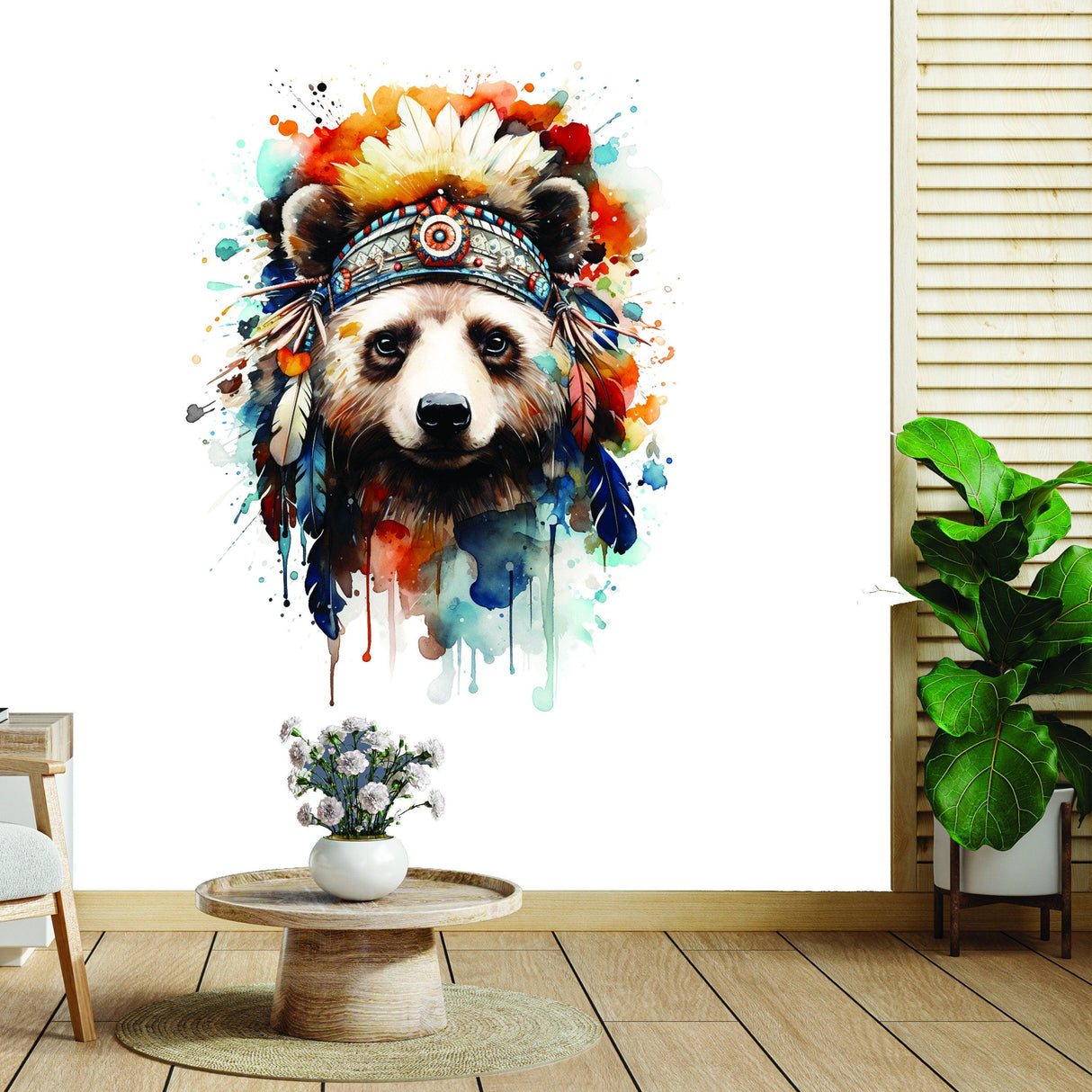 Watercolor baby panda wall decal with Indian feather hat, featuring vibrant colors and whimsical design for nursery decor.