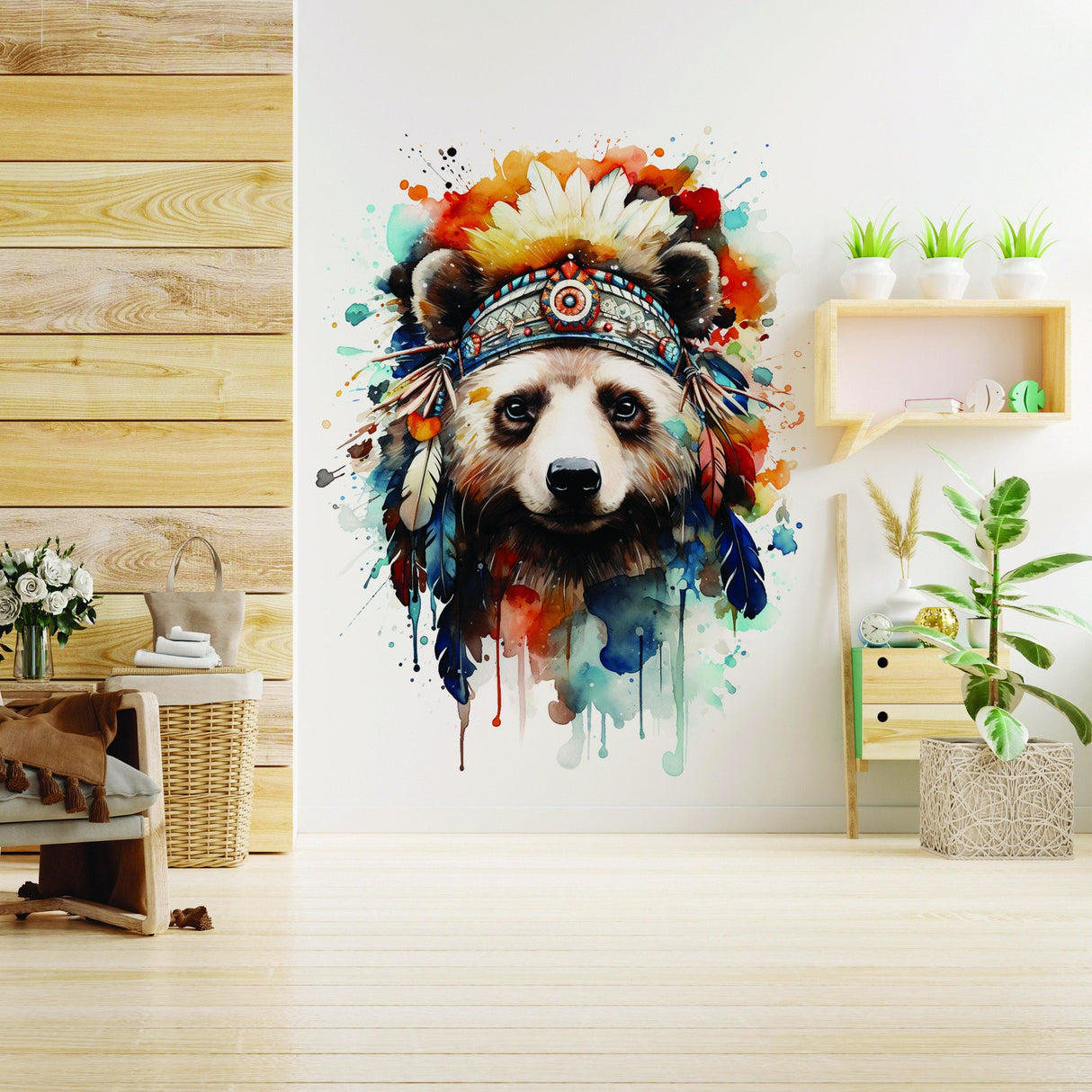 Watercolor baby panda wall decal with feather headdress in a stylish nursery decor.