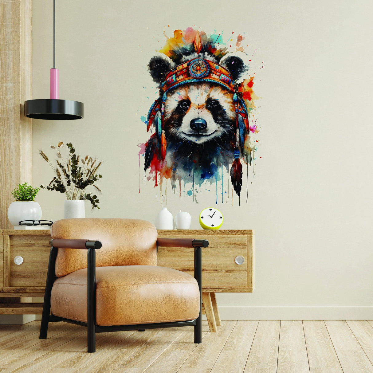 Colorful panda wall sticker with a headdress in a modern living room setting, adding charm to decor.