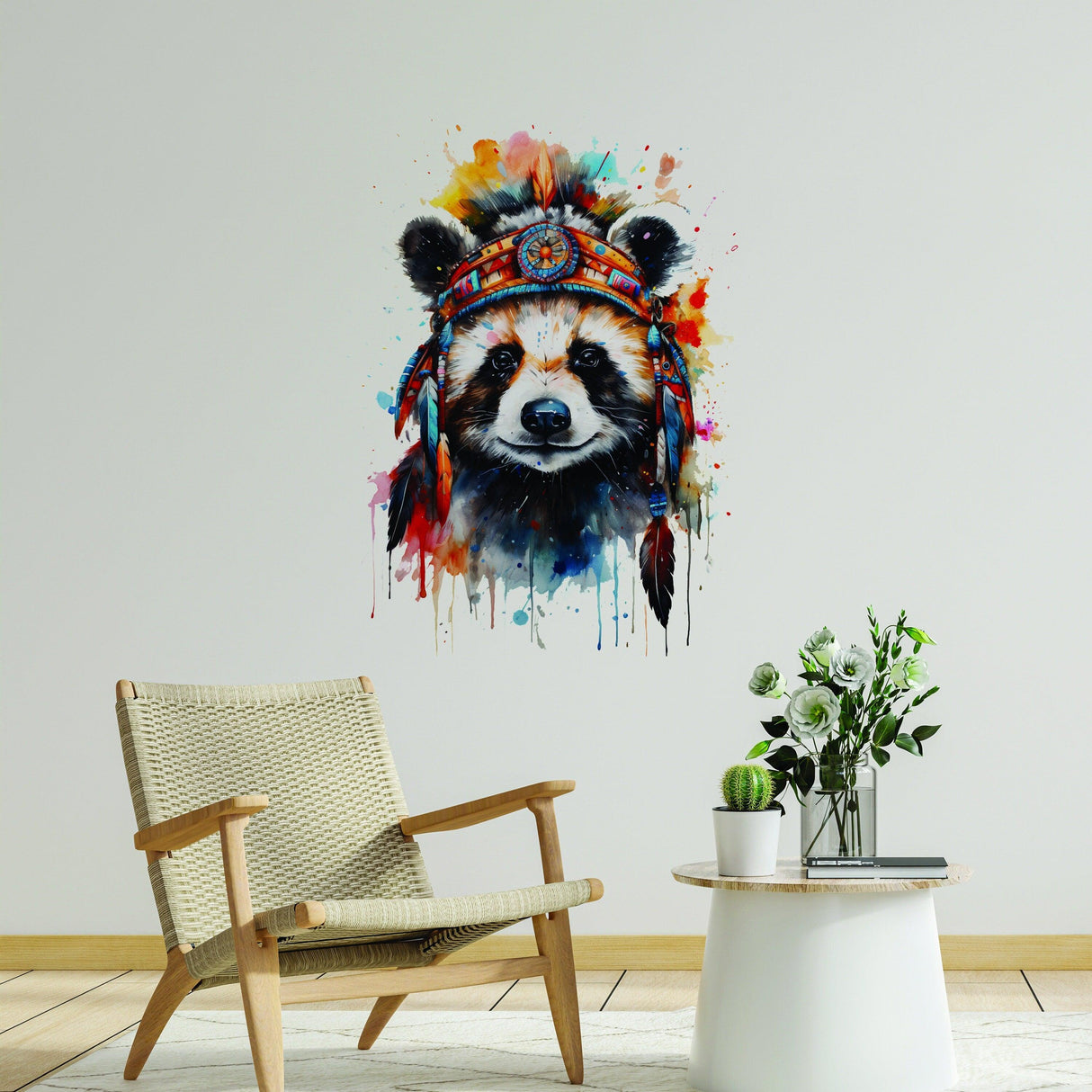 Colorful panda wall decal with a headdress in a modern nursery, showcasing playful decor for children's rooms.