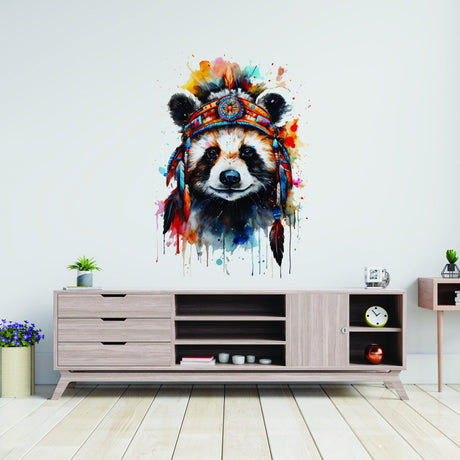 Colorful panda wall decal with tribal headdress, enhancing modern living room decor.