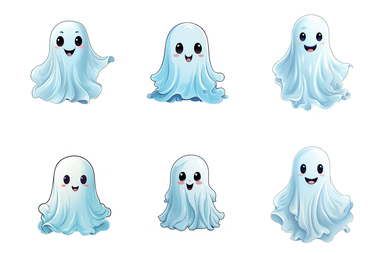 Cute cartoon ghosts with smiling faces, perfect for Halloween decorations and themed events.