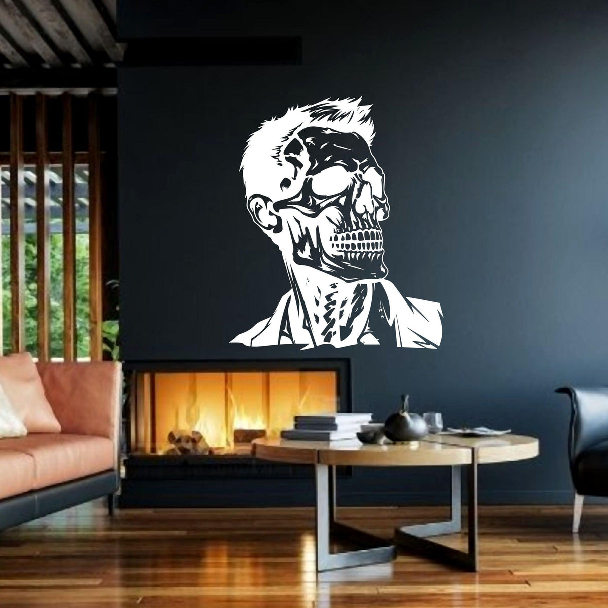 Halloween Skeleton Face Vinyl Decal depicting a businessman skull with hair on a stylish wall.